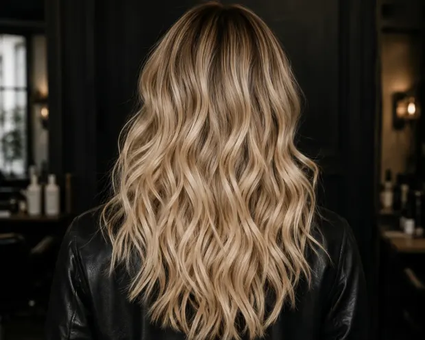Long blonde waves, photographed from behind.