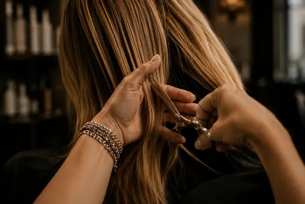Hands sectioning hair with shears.